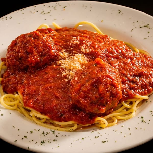 Spaghetti and meatballs with red sauce and grated cheese on a white plate.