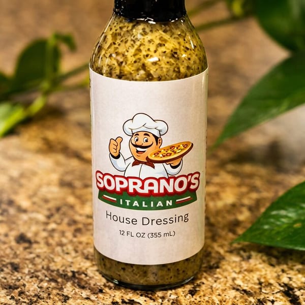 Soprano's Italian House Dressing bottle with a chef logo holding a pizza, on a granite counter.