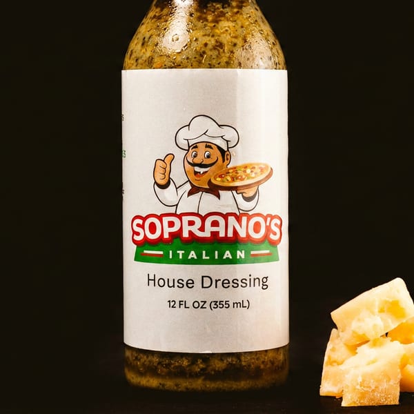 Soprano's Italian House Dressing bottle with a chef logo, next to parmesan cheese chunks.