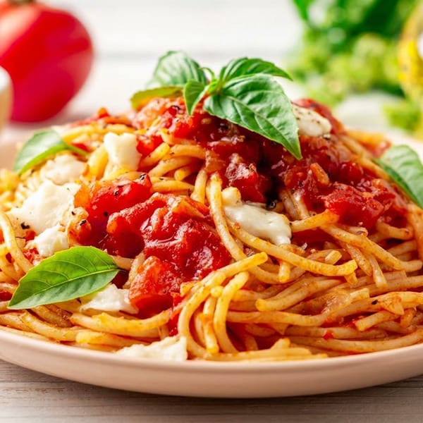 Spaghetti with red tomato sauce, fresh mozzarella, and basil leaves on a light pink plate.