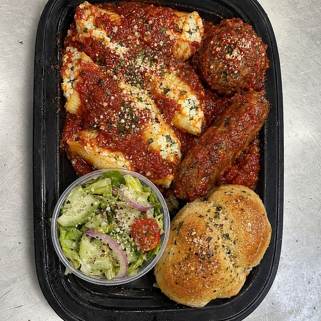 Stuffed Shells with Meatball & Sausage with Salad & Bread.