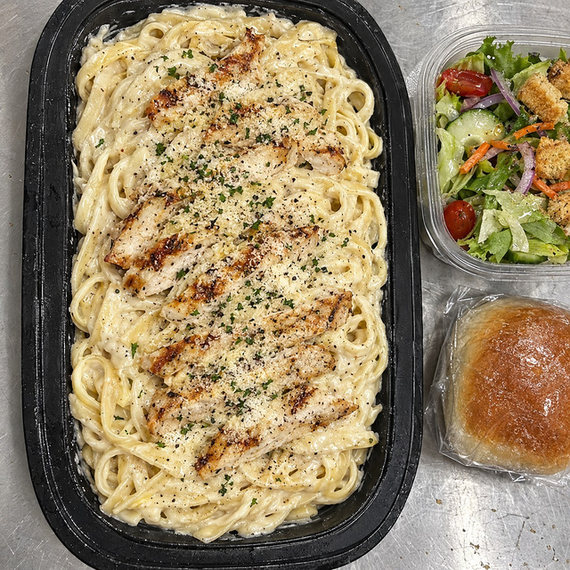 Chicken Alfredo Dinner with Salad & Bread.