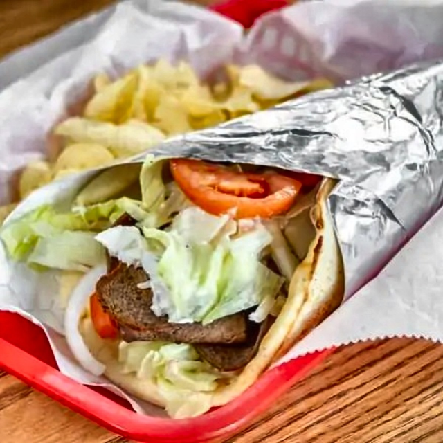 Lamb Gyro on Pita Wrap.