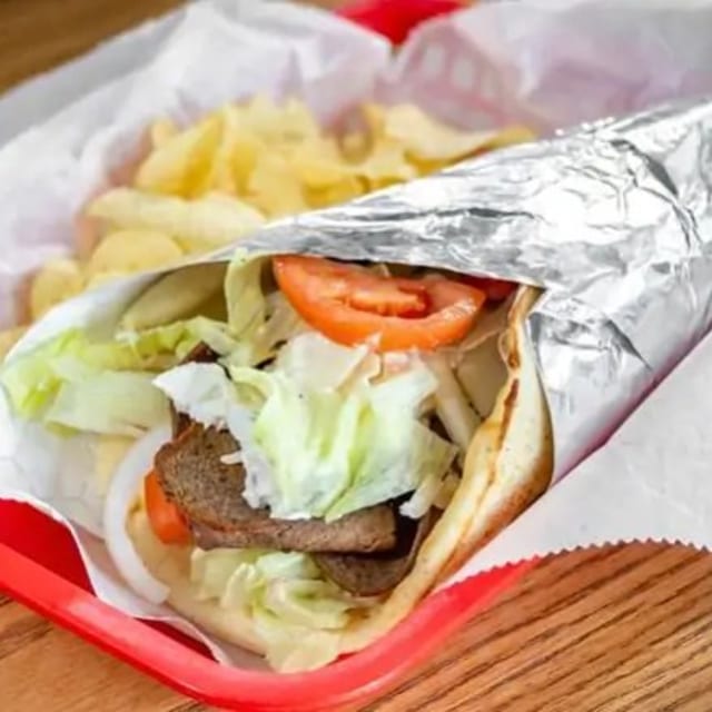 Lamb Gyro on Pita Wrap.