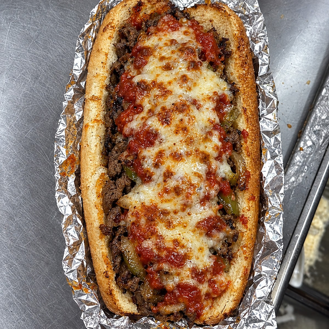 Pizza Steak Sub Parmigiana.