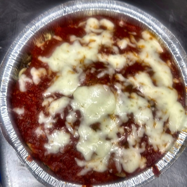 Loaded Baked Spaghetti W/ Meatball, Sausage, Mushrooms And Baked With Mozzarella Cheese.